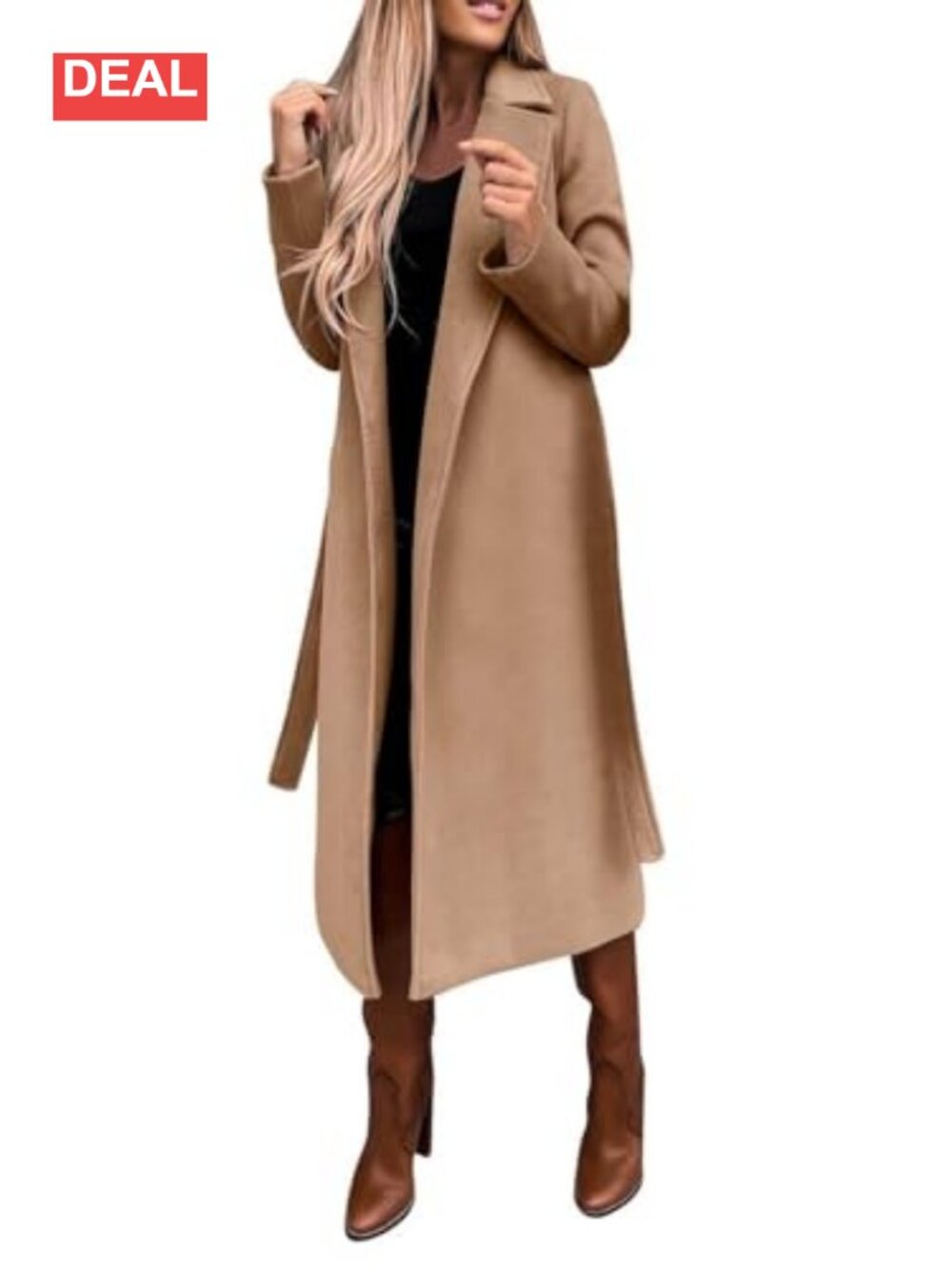 Wool Blend Long Pea Coat Open Front Notched Collar Belted Trench